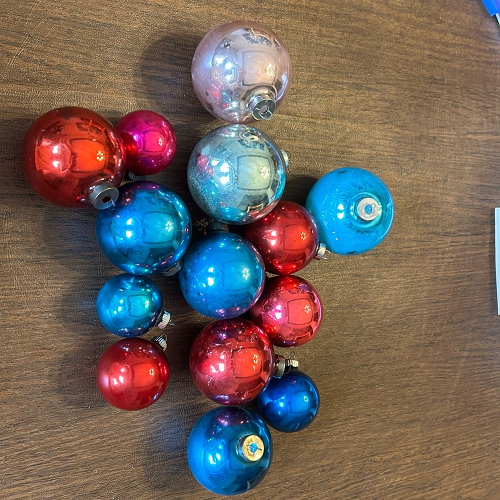 Vintage Shiny Bright Christmas ornaments 14 Blue, pink, red, round varying sizes